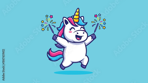 Cute Unicorn Holding Sparklers and Jumping with Joy.