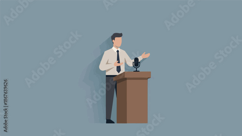 Public speaker presenting at a podium with a microphone, vector illustration