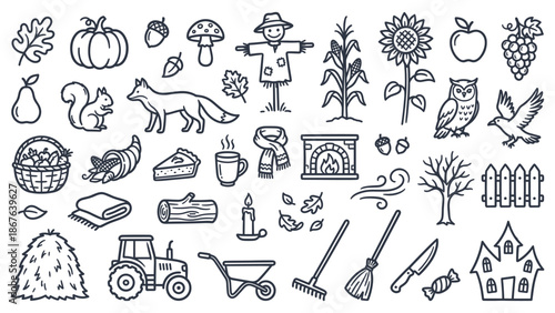 Illustration of a farmer cultivating a garden with various tools and animals surrounding a farmhouse