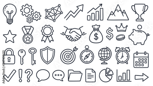 A collection of business and finance icons in a grid layout illustrating various concepts and ideas