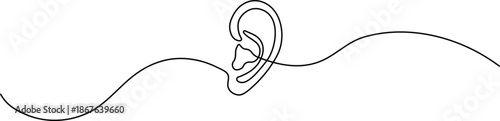 Continuous one-line drawing of a minimal ear icon. Minimalist medical symbol for hearing and audiology. Simple black line art on a white background.