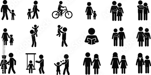 Family activities silhouette icons set showing parents and children bonding, playing, reading, walking, and cycling in simple black pictogram style