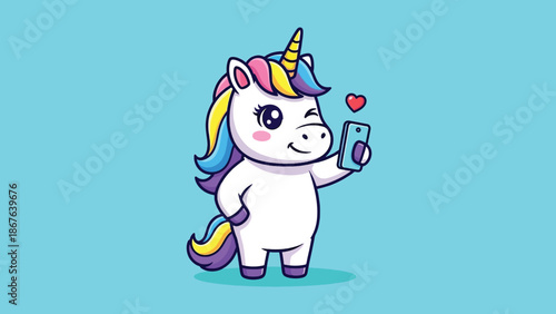 Cute Unicorn Taking Selfie with Smartphone