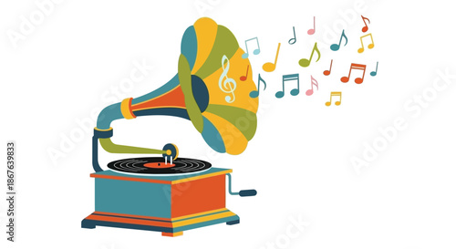 Vintage gramophone playing music with colorful notes floating in the air