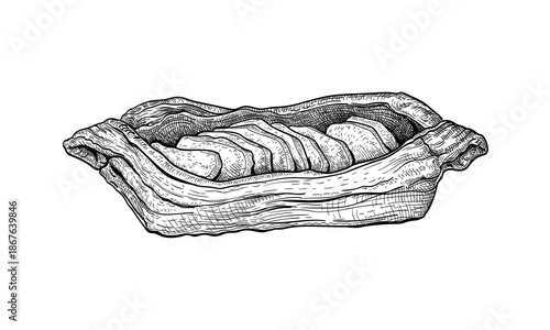 Vector illustration of apple puff pastry in boat shape. A hand drawn sketch of bakery made from flaky layered dough with fruit filling. Sweet pastries for breakfast. Menu design element. Side view