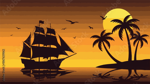 Tropical Sunset Silhouette with Classic Sailing Ship, Palm Trees, and Ocean