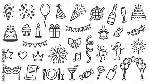 Celebratory party icons and illustrations showcasing festive elements and joyful atmosphere in a digital format