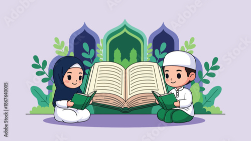 Muslim children reading Quran in mosque during Ramadan