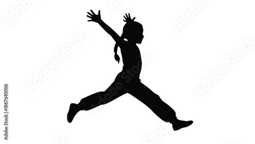 Black silhouette of a young girl with pigtails jumping with arms raised
