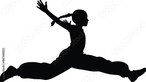 Silhouette of a young girl in dynamic jump or dance pose against white background