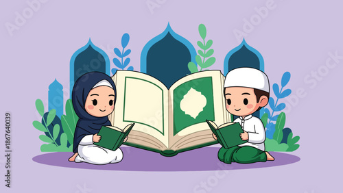 Muslim children reading Quran with mosque background.