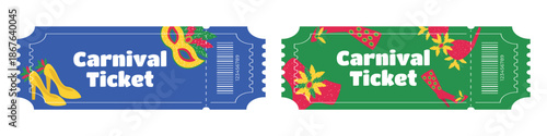 Set of entry tickets for Brazilian Carnival with masks feathers costumes shoes
