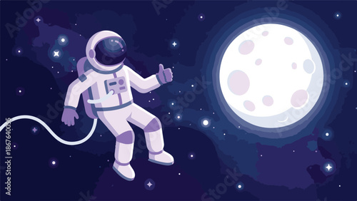 Astronaut giving a thumbs up in outer space with the moon and stars