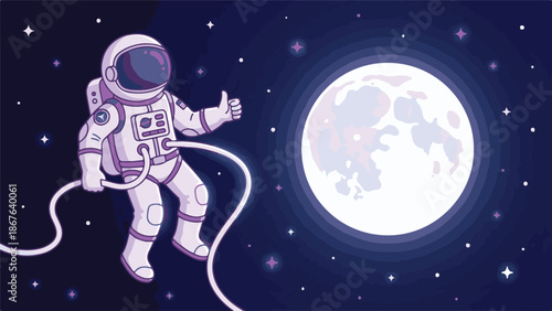 Astronaut character giving thumbs up in space with glowing moon and stars