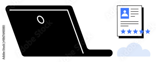 Laptop alongside a user profile with rating stars and a cloud graphic, emphasizing digital identity, security, and online platforms. Ideal for tech, data management, cloud computing, online services