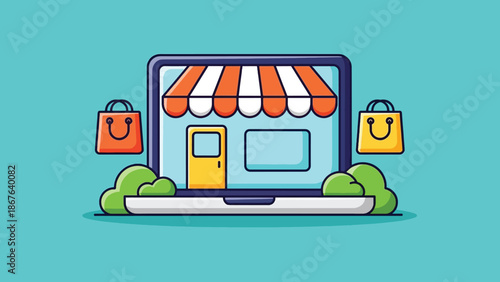 Online Shopping Storefront on Laptop with Shopping Bags.
