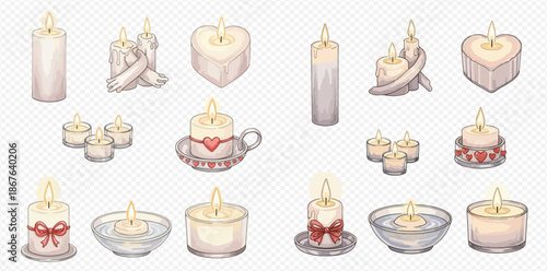 Set of various burning candles with flickering flames, including pillar, floating, tea light, and heart-shaped designs for decoration.