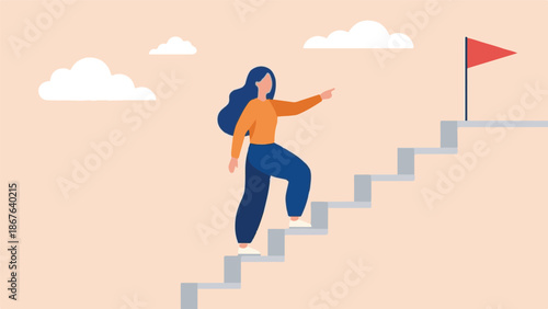 Determined Woman Climbs Stairs to Reach Goal, Success and Aspiration Concept