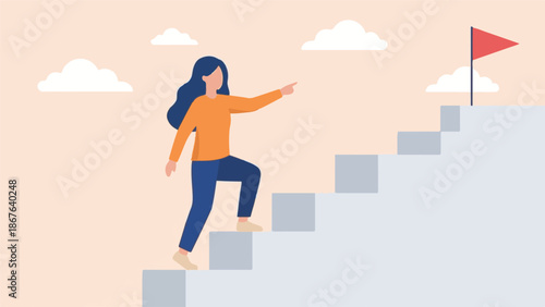 Woman taking steps towards success and achieving goals with determination
