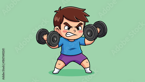 Strong young boy lifting heavy dumbbells with determination.