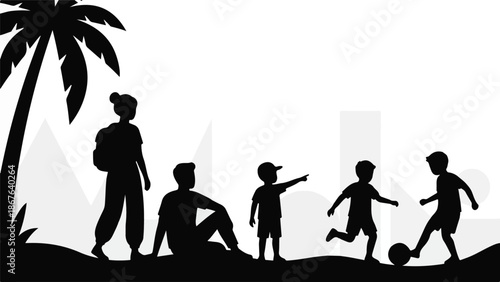 Family silhouettes enjoying leisure time outdoors, playing soccer under a palm tree