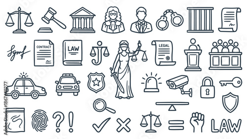 Justice and law icons collection on a white background representing various legal concepts and symbols