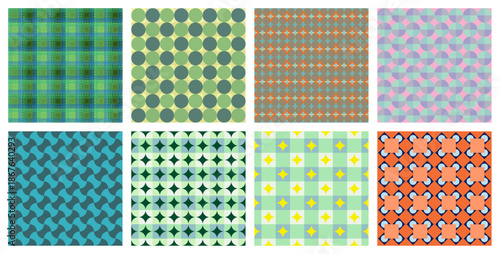 Seamless Retro Geometric Pattern Collection with Colorful Abstract Shapes.
Mid-Century Modern Background Set for Wallpaper, Textile and Surface Design.