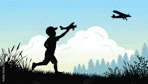 Silhouette of a boy playing with a toy airplane outdoors, dreaming of flight