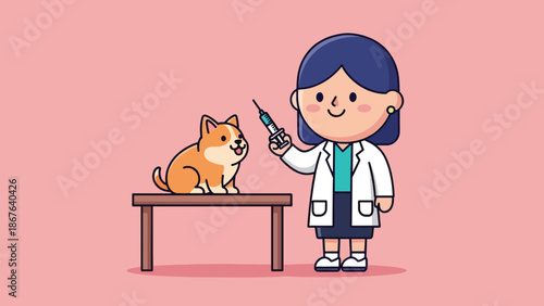 Veterinarian giving a vaccine to a cute Shiba Inu dog.