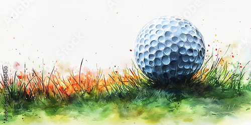 Golf ball sits on grass in watercolor style artwork Generative AI
