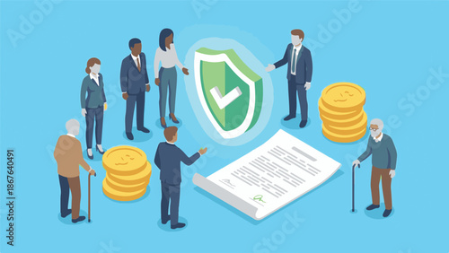 Financial insurance and retirement planning with diverse professionals and seniors