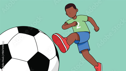 Cartoon illustration of a young boy playing soccer, kicking the ball