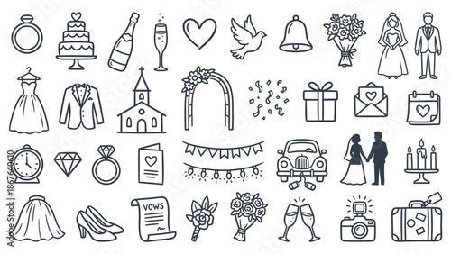 Collection of wedding illustrations including attire, accessories, and ceremony elements in a minimalist line art style