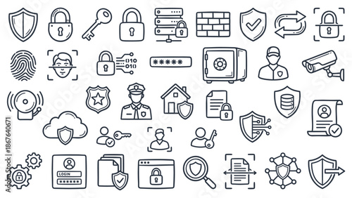 Collection of security icons representing protection, safety, and privacy in digital and physical environments from various viewpoints