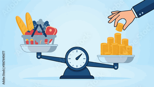 Grocery prices and cost of living represented by money on a balance scale