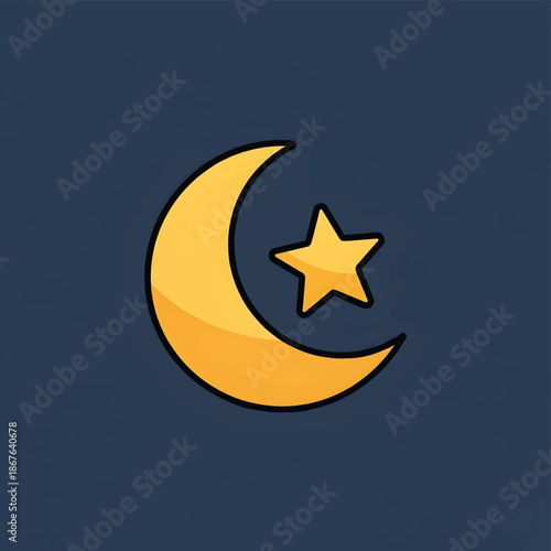Golden Crescent Moon and Star Icon on Dark Background.
