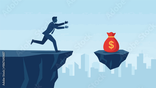 Businessman running towards a money bag across a chasm, financial risk concept