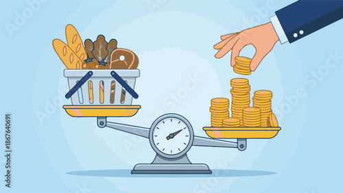 Cost of living concept: Groceries and money on a balance scale