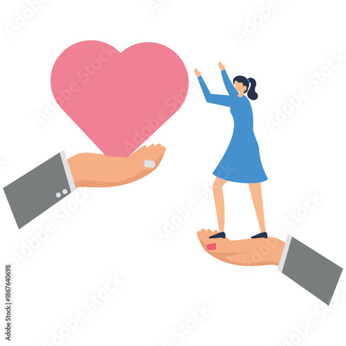 Flat vector style illustration of big supportive hands giving red heart to businesswoman symbolizing care compassion empathy and emotional support in workplace stock illustration