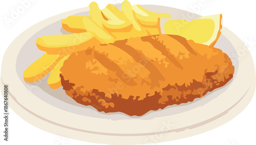 A flat-style illustration shows a breaded fried cutlet served on a plate with crispy French fries and a lemon wedge.