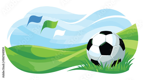 Vector illustration of a soccer ball on a green field with flags and a blue sky