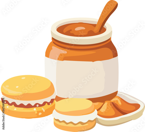 A flat-style illustration shows assorted cookies and sandwich biscuits served with a jar of honey and a spoon in a warm, minimal cartoon food style.