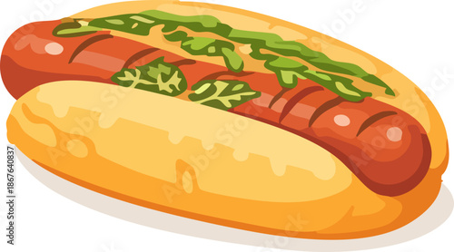 A colorful flat illustration shows a hot dog in a soft bun topped with creamy sauce and fresh green herbs.