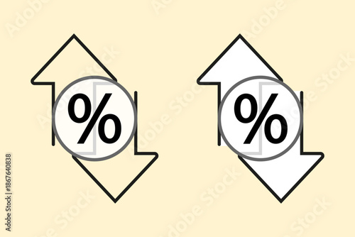 Icon for increasing or decreasing money. Symbol for decreasing or increasing profit. Profit and loss icons with an arrow. Symbol for increasing or decreasing costs, sales, or exchange rates. Money, cu