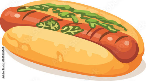 A colorful flat illustration shows a hot dog in a soft bun topped with creamy sauce and fresh green herbs.
