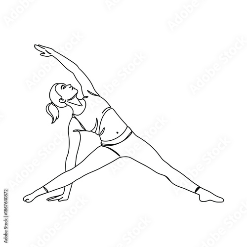 Woman in yoga pose triangle stretch one line stretching exercise fitness