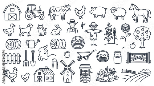 Farm scene with animals, buildings, and agricultural tools in a rural landscape illustration