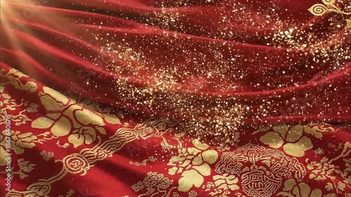 Elegant red silk fabric with golden embroidery