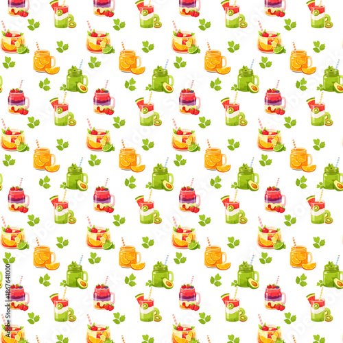A colorful seamless pattern features assorted fruit smoothies in jars with straws and scattered mint leaves