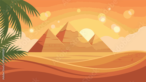 Ancient Egyptian Pyramids in Desert Landscape at Sunset with Palm Tree